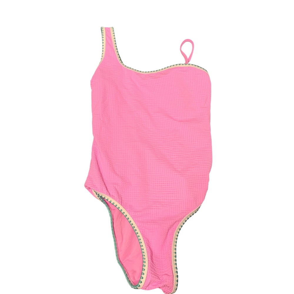 Mango MNG Girls Pink Seersucker One Shoulder Swimsuit Crochet Trim Size 11-12